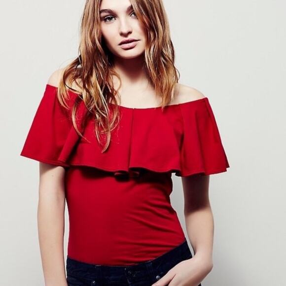 FREE PEOPLE NWOT Ruffle Sleeve Cherry Red Shirt Top Blouse – Small - Picture 2 of 11